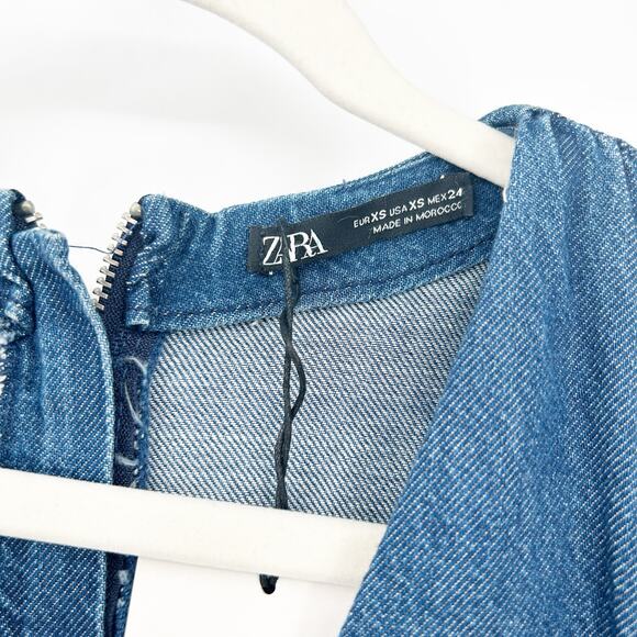 Zara Womens Casual Chic 70s V-Neck Puff Statement Sleeve Denim Dress Size XS - Picture 3 of 10